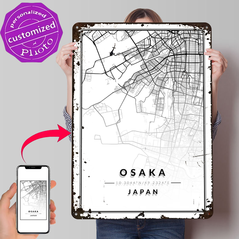 Custom Map Poster - แผนที่โอซาก้า 3 มิติ พิมพ์ลายบนโปสเตอร์ งานศิลปะติดผนังแบบกำหนดเอง ป้ายโลหะวินเทจสำหรับตกแต่งห้องนั่งเล่น