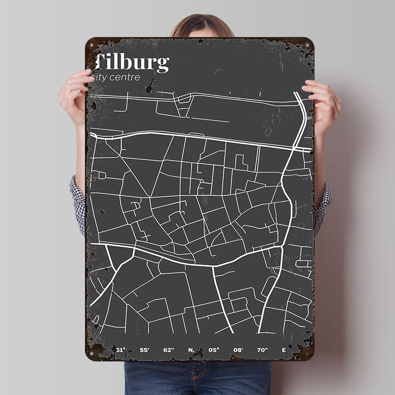 Custom Map Poster - แผนที่ศูนย์กลางเมืองทิลบูร์ก โปสเตอร์พิมพ์ลาย ศิลปะติดผนังสไตล์เรโทร ป้ายโลหะวินเทจ สำหรับตกแต่งบ้าน ตกแต่งห้อง