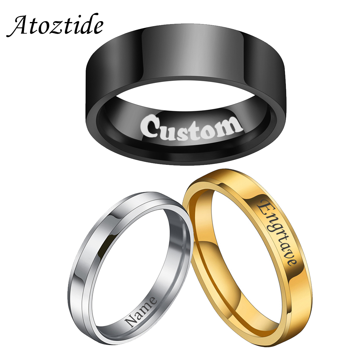 Initial Ring Custom - Atoztide 4/6/8Mm ส่วนบุคคลแกะสลักชื่อวันที่แหวนผู้หญิงทองสแตนเลสที่กำหนดเองหัวใจคู่เครื่องประดับของขวัญ