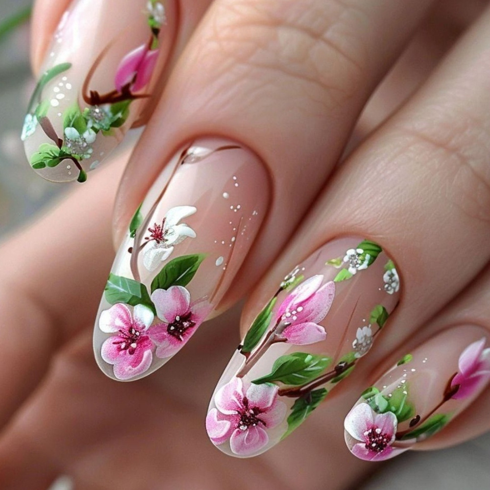 Pressed Flower Art - สั้นอัลมอนด์กดบนเล็บ 3D ดอกไม้เล็บปลอมด้วยกาวที่มีสีสันอะคริลิคธรรมชาติเล็บปลอมเต็มรูปแบบกดบนเล็บชุด