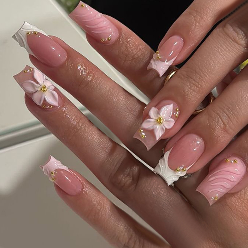 Pressed Flower Art - 24 ชิ้นต่อกล่อง เล็บปลอมทรงสี่เหลี่ยมแบบเจล 3D ลายดอกไม้ไล่เฉดสี สไตล์