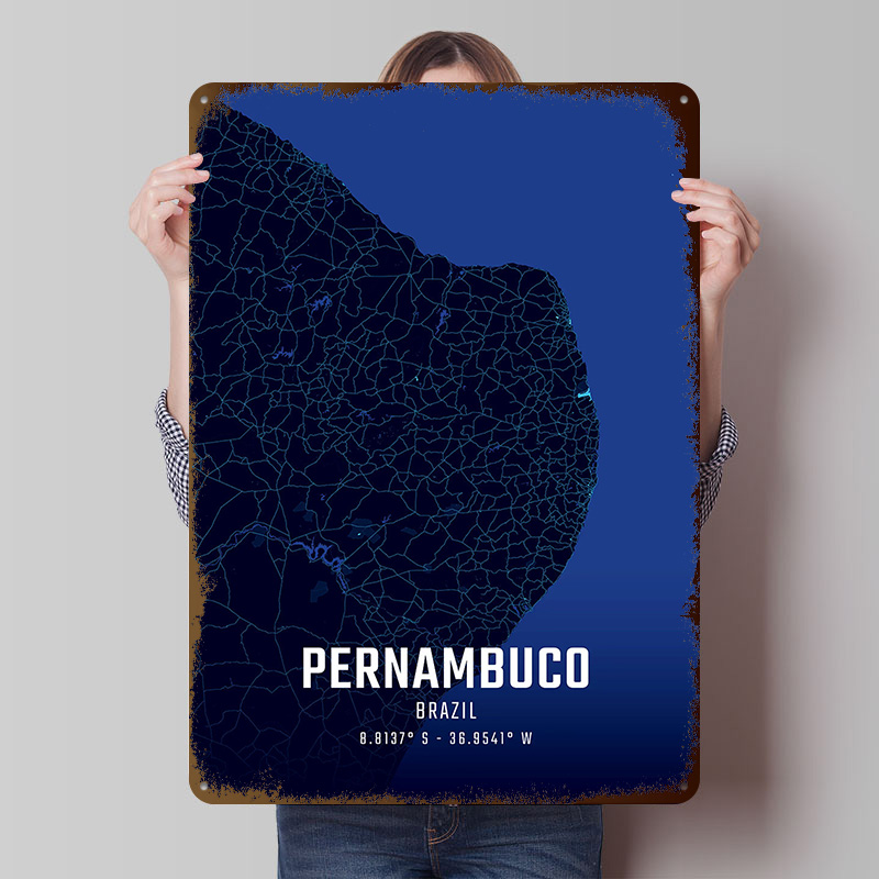 Custom Map Poster - แผนที่เมืองเพอร์นัมบูโกยามเที่ยงคืน โปสเตอร์โลหะ งานศิลปะติดผนังแบบกำหนดเอง ป้ายโลหะสไตล์เรโทร วินเทจ สำหรับตกแต่งห้องเล่นเกมส์หรือห้องพักผู้ชาย